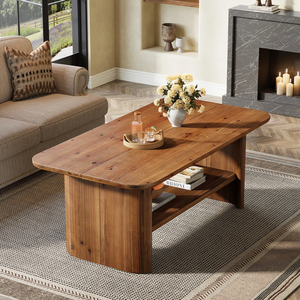 Solid Wood Coffee Table for Living Room, 47.24" Rectangle Coffee Table with Storage, 2-Tier Farmhouse Center Furniture for Home, Apartment, Office, Brown