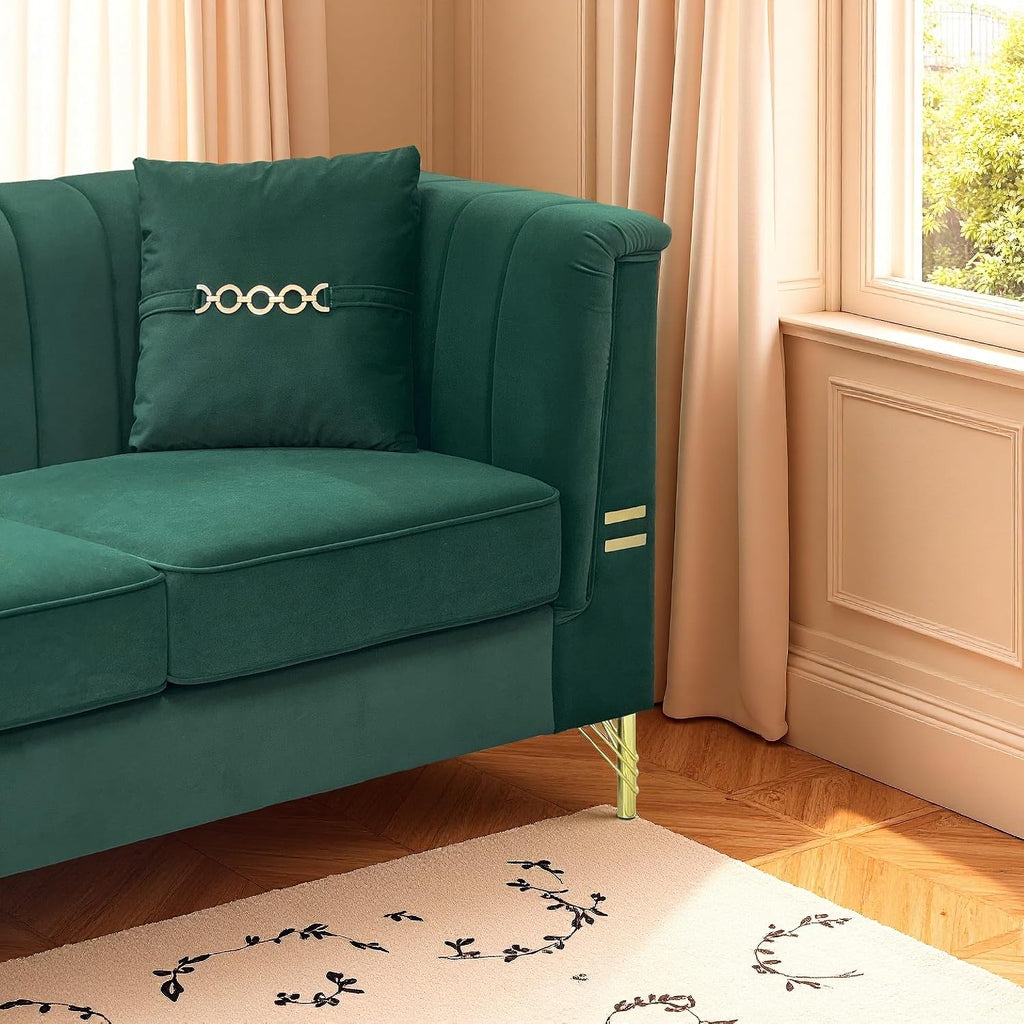 2-Piece Luxury Chesterfield Sofa Set with 2 Oversized Velvet 3-Seater Sofa, Upholstered Modern Style 6-Seater Button Tufted Couch Set with 4 Pillow, Gold Metal Accents, for Living Room, Green