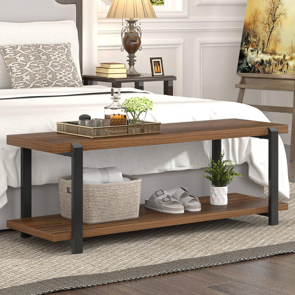 Entryway Bench with Shoe Storage, Modern End of Bed Bench, Wood and Metal Entry Bench for Hallway Front Door Entrance, Industrial Indoor Bench for Bedroom Living Room, Rustic Walnut, 47 Inch