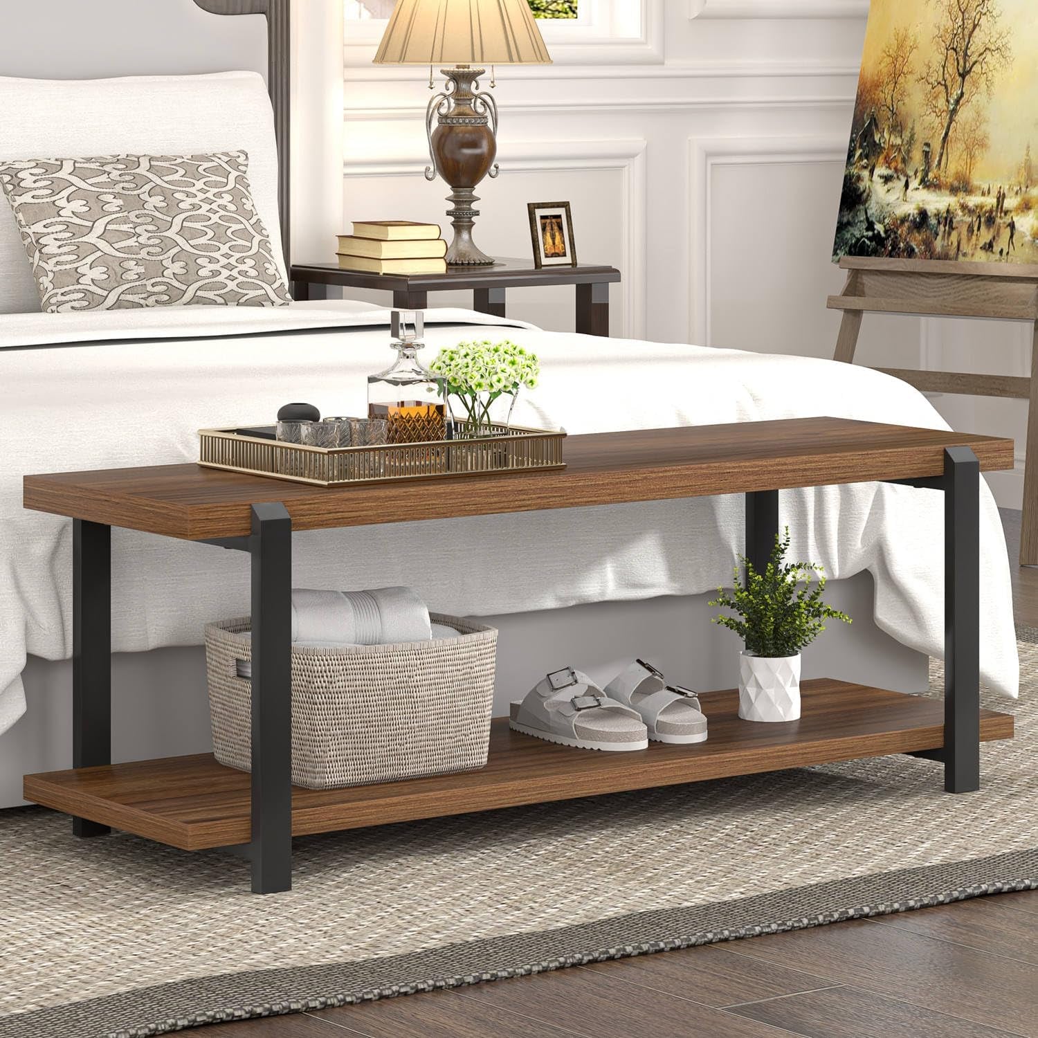 Entryway Bench with Shoe Storage, Modern End of Bed Bench, Wood and Metal Entry Bench for Hallway Front Door Entrance, Industrial Indoor Bench for Bedroom Living Room, Rustic Walnut, 47 Inch