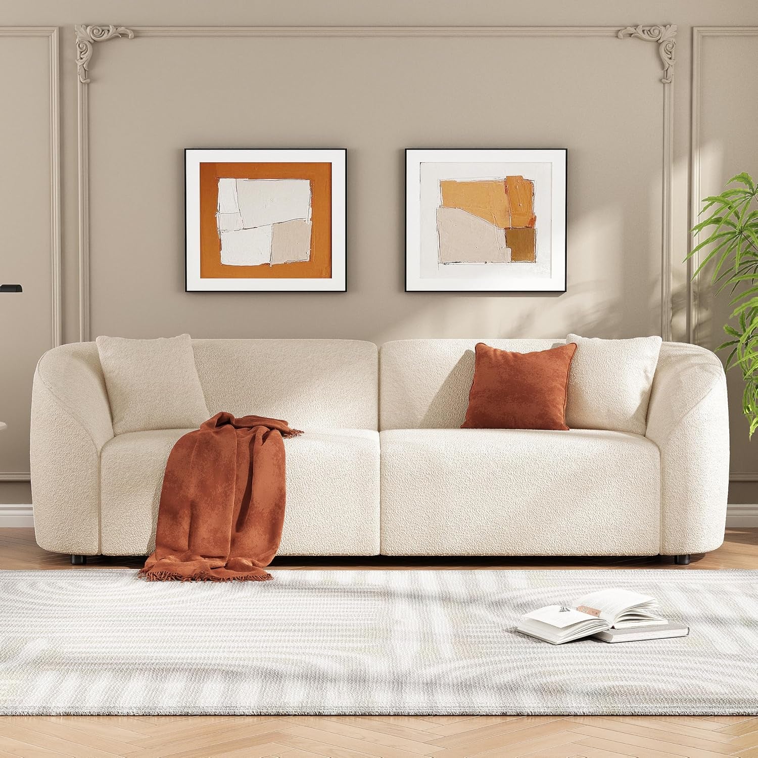 Sabbo 87.50" Boucle Upholstered Couch, Oversized 2 Seater Sofa, Curved Soft Seating Lounge Sofa Chair, Cozy Loveseat with Armrest, Reading Sofa for Living Room Home Rest, Beige