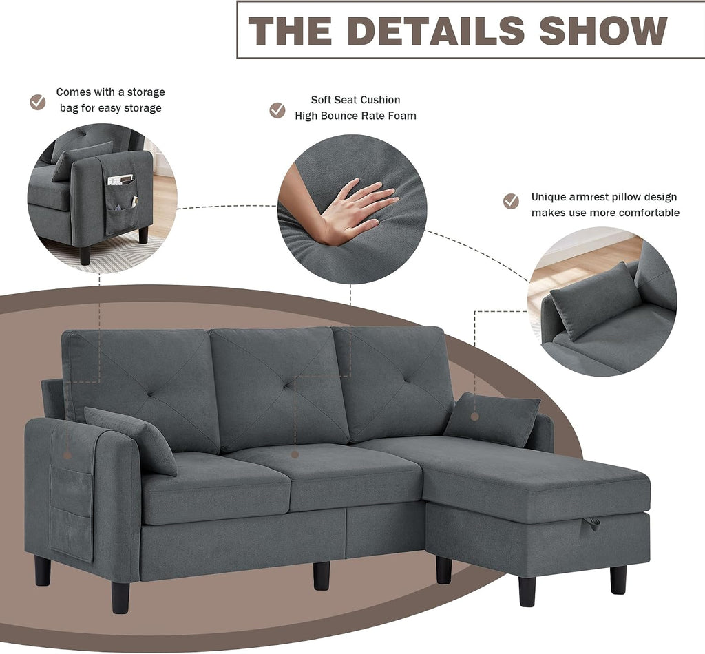 Convertible Sectional Sofa, Small L Shaped 3 Seat Couch with Reversible Storage Chaise, Modern Polyester Fabric Sofa Couches for Living Room, Apartment and Small Space, Dark Grey