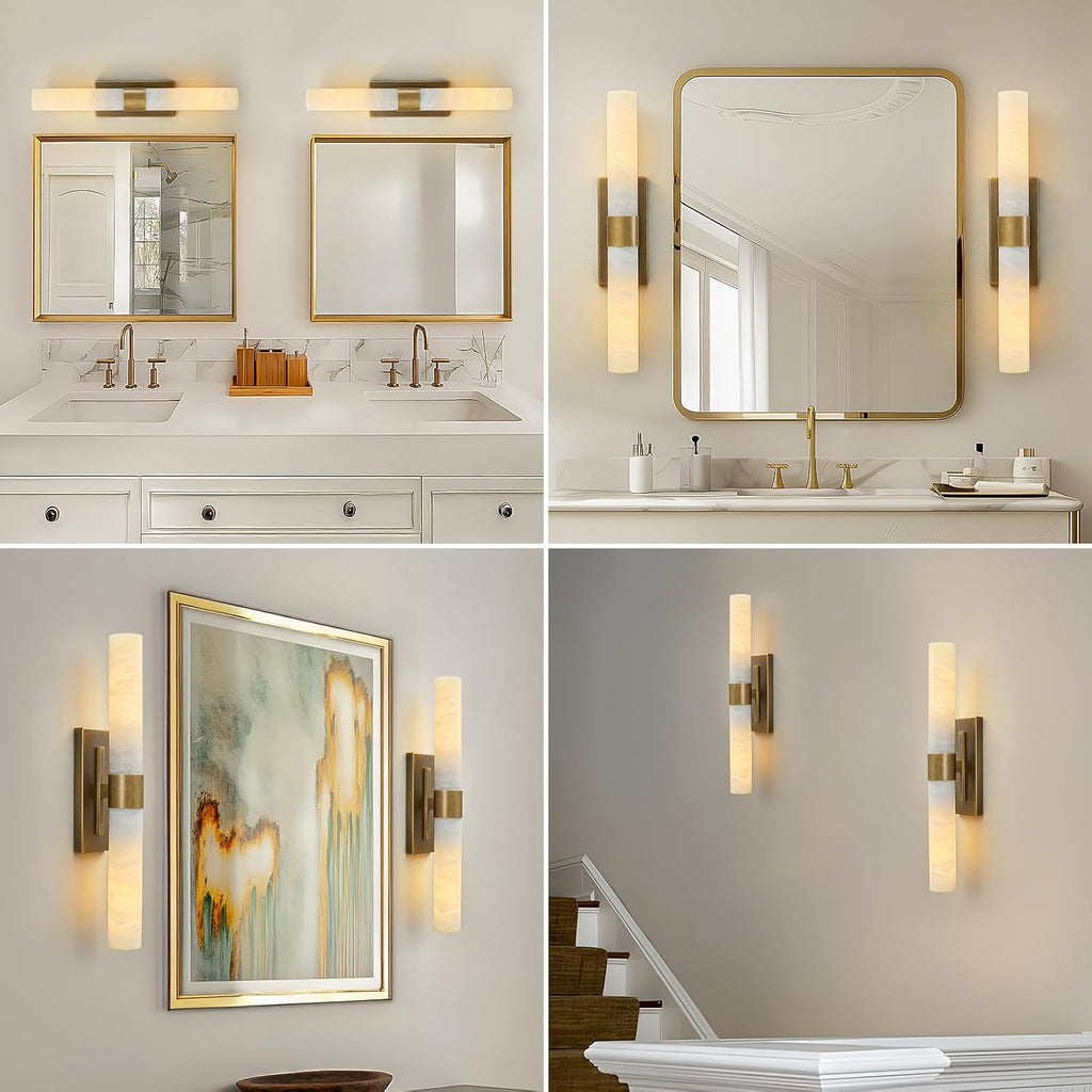 Natural Alabaster Wall Sconce, Brass Wall Sconce, Modern Bronze Marble Sconce, Rust Resistant Vintage Indoor Vanity Wall Light, Lighting for Bathroom Living Room Dining Room Kitchen Bedroom Hallway