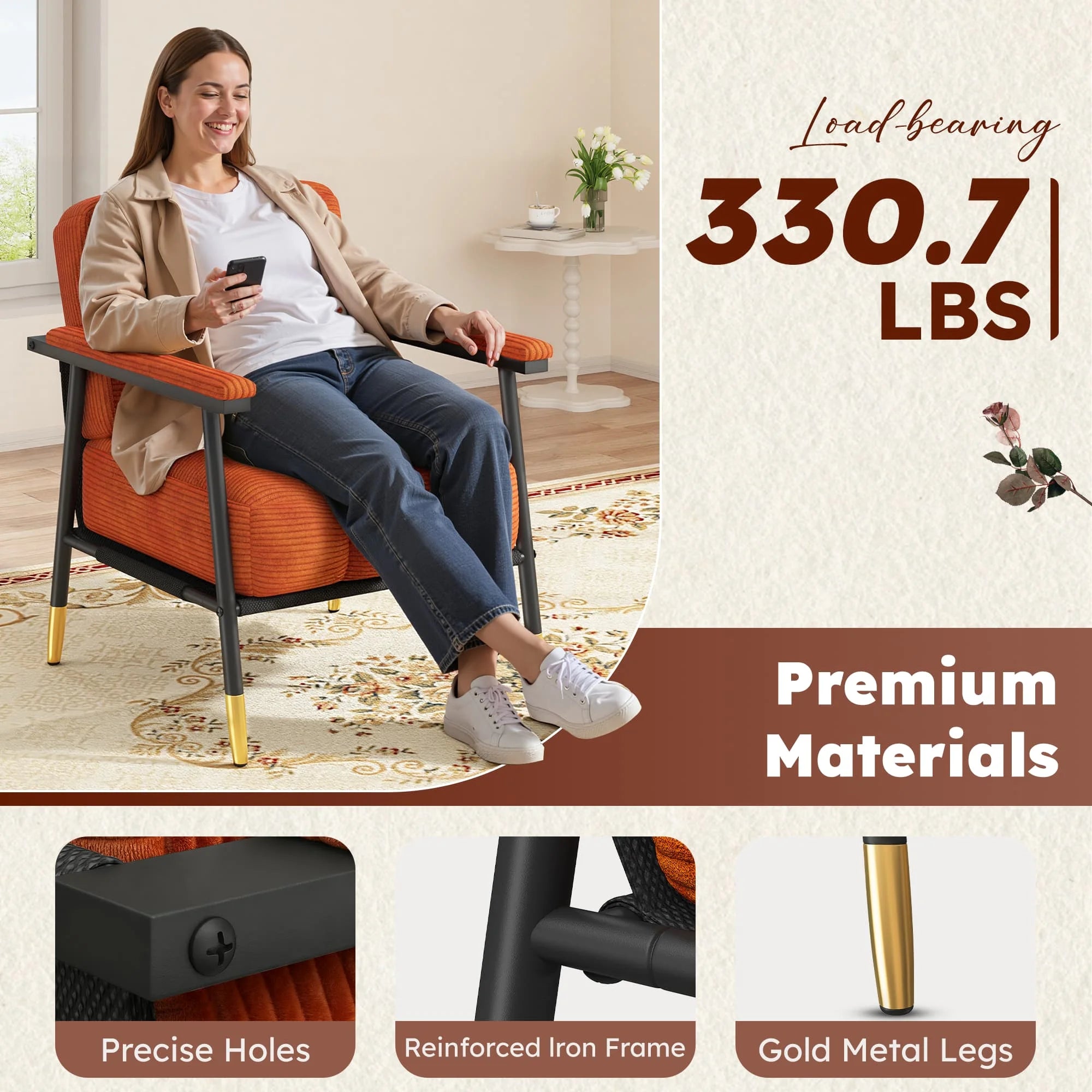 Modern Living Room Chair, Upholstered Armchair with Thick Cushion, Mid-Century Accent Chair with Metal Frame for Bedroom, Balcony and Porch