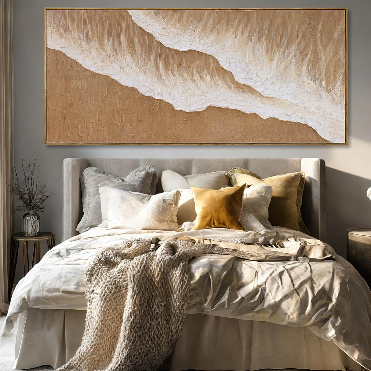 Beige Cream Neutral Abstract Wall Art, 32X70 Inch Large Framed Canvas Wall Art, Modern Horizontal Printed Artwork with Wooden Frame for Living Room