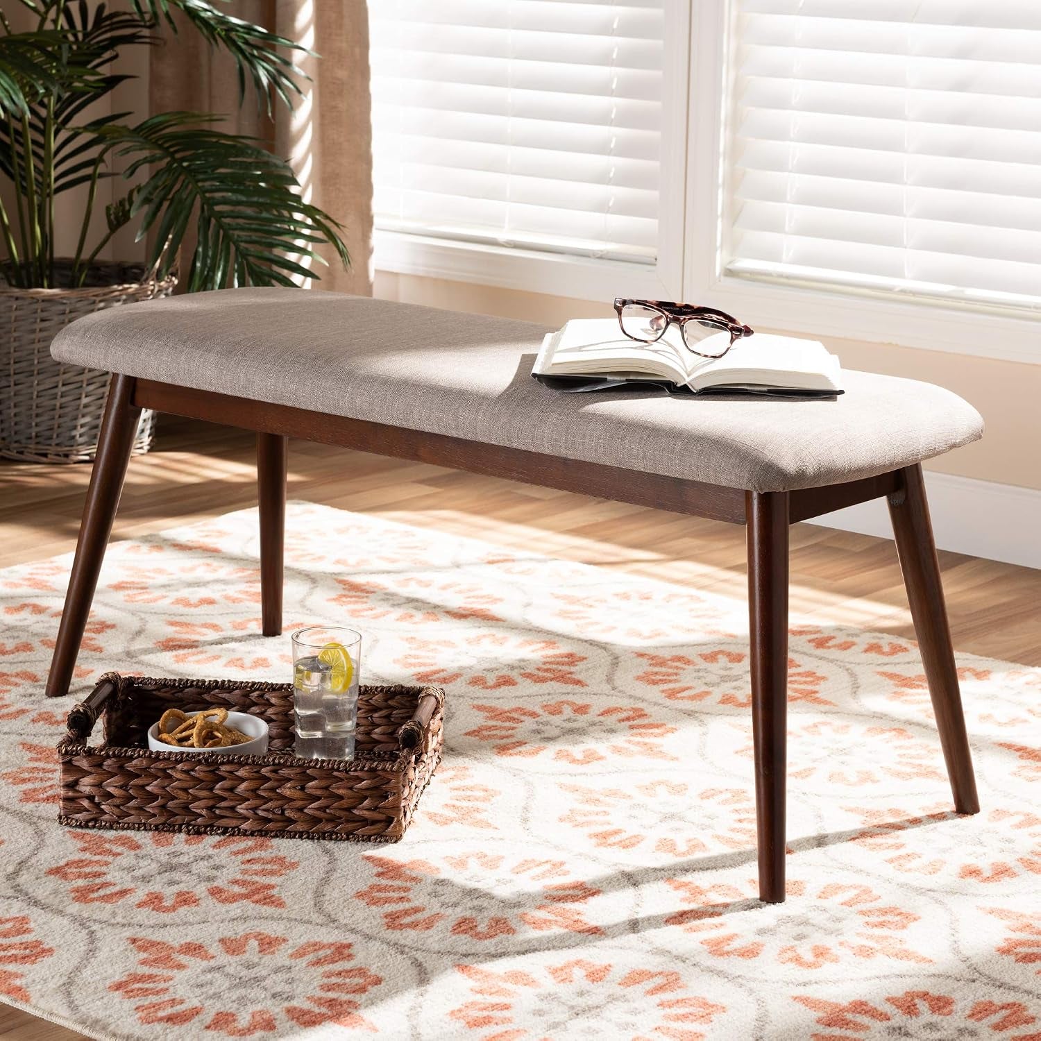 Flora Mid-Century Dining Bench Light Grey Fabric Upholstered Walnut Finished Wood Dining Bench
