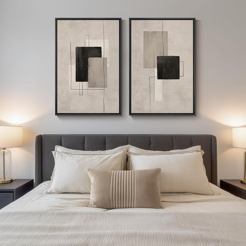 Large Framed Neutral Abstract Wall Art for Living Room Set of 2, 24X36 in | Block Lines, Canvas Prints, Modern Paintings, Minimalist Pictures, Black Beige, Geometric, Dining Room, Bedroom Wall Decor