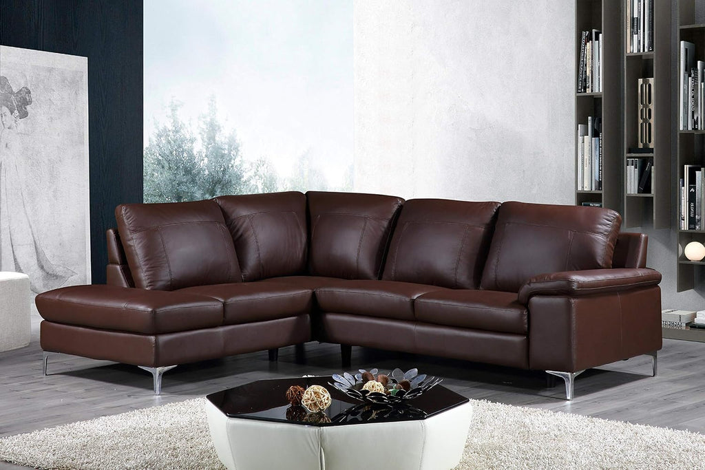 Contemporary Dallas Genuine Leather Sectional Sofa with Left Side Facing Chaise Lounge, Brown 80"X98"