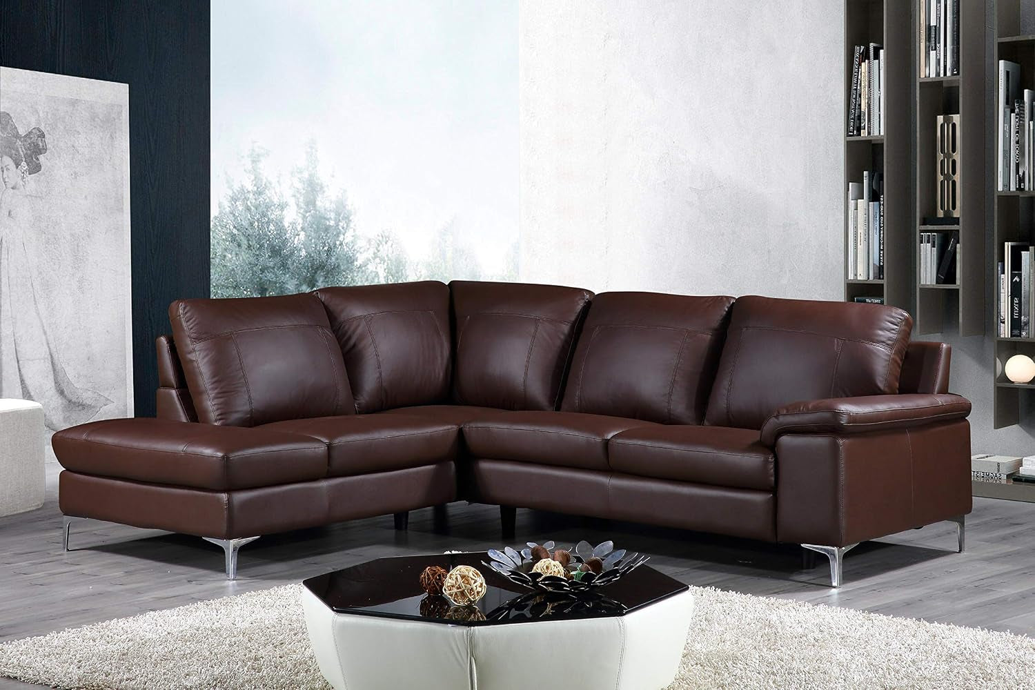 Contemporary Dallas Genuine Leather Sectional Sofa with Left Side Facing Chaise Lounge, Brown 80"X98"