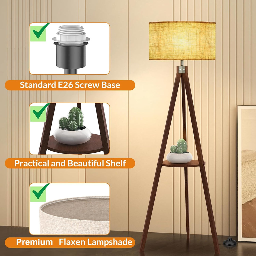 Shelf Floor Lamp Tripod Mid Century Modern Lamps for Living Room | Light-Diffusing Linen Shade, Premium Rubberwood, E26 Base, Foot Switch, Adding Warmth to Bedroom, Office & Corner Walnut