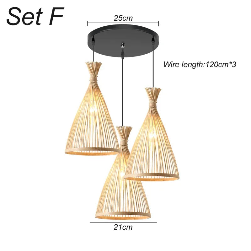 3 Pcs Lustre Rattan Wicker Lamp Shade Pendant Light Bamboo Ceiling Chandelier Set Suspended Luminaire Handmade Home Room Decor