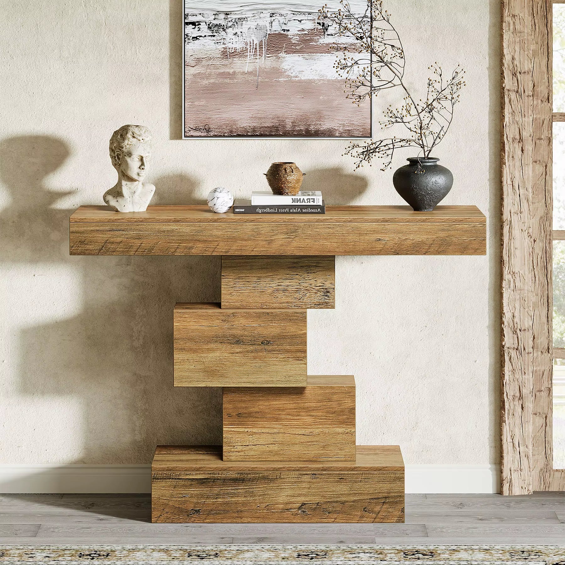 42.5" Farmhouse Console Table, Narrow Wood Sofa Table behind Couch with Geometric Base, Industrial Entryway Accent Ta