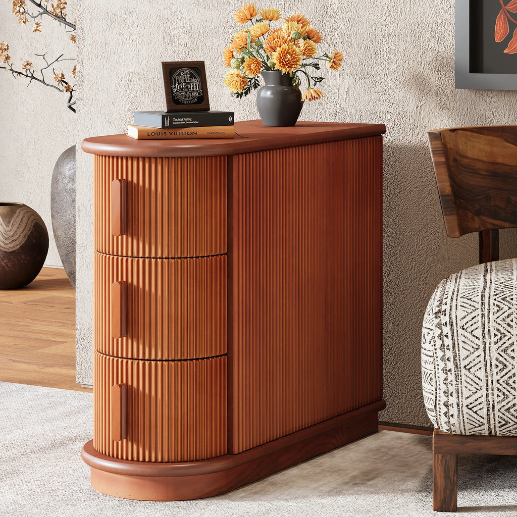 Solid Wood End Table, 3-Drawer Modern Sofa Side Table, No Assembly Required, Narrow Chair Side Table Slim Nightstand