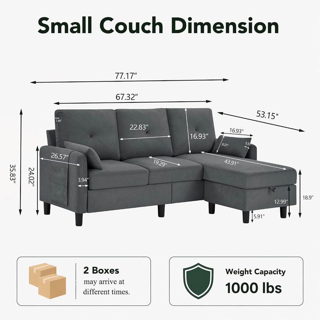 Convertible Sectional Sofa, Small L Shaped 3 Seat Couch with Reversible Storage Chaise, Modern Polyester Fabric Sofa Couches for Living Room, Apartment and Small Space, Dark Grey