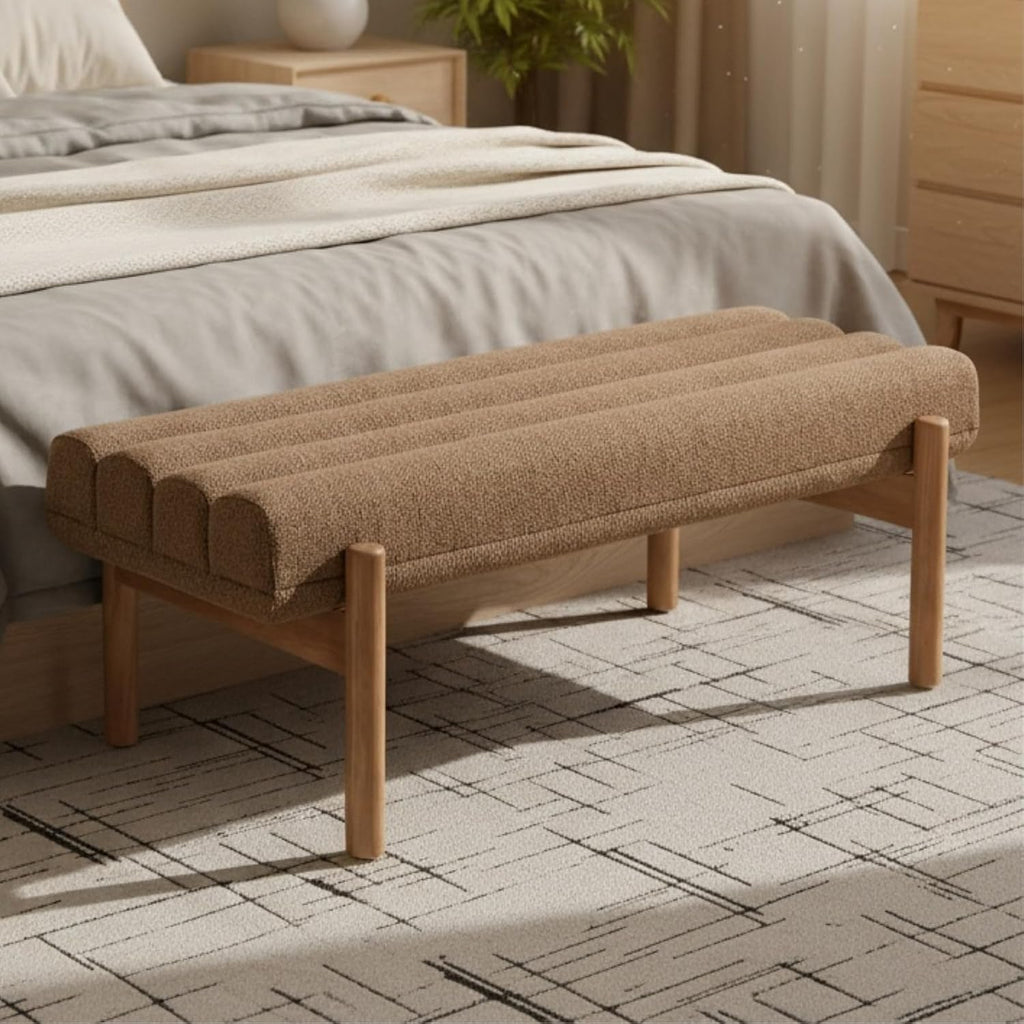 47" Upholstered Entryway Bedroom Bench End of Bed, Modern Brown Chenille Tufted Bedroom Indoor Bench with Wood Natural Finish, Entry Ottoman Bench for Hallway Window Dining Living Room