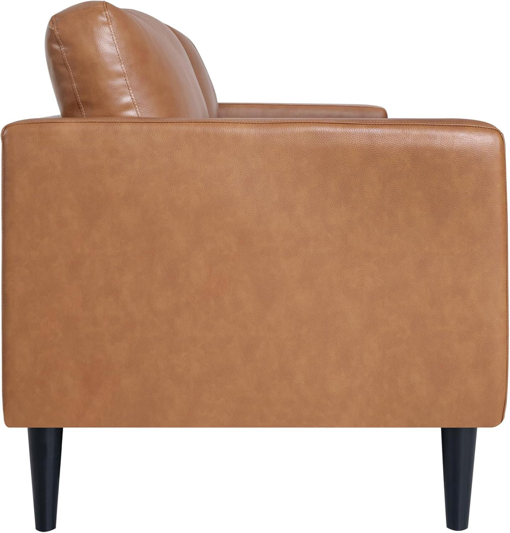 Marisa Genuine Leather Mid-Century Modern Sofa, Tan | Removable Cushions, Matching Bolster Pillows, Plush Foam Comfort, Sturdy Hardwood Frame, Spacious 3-Seater Seating