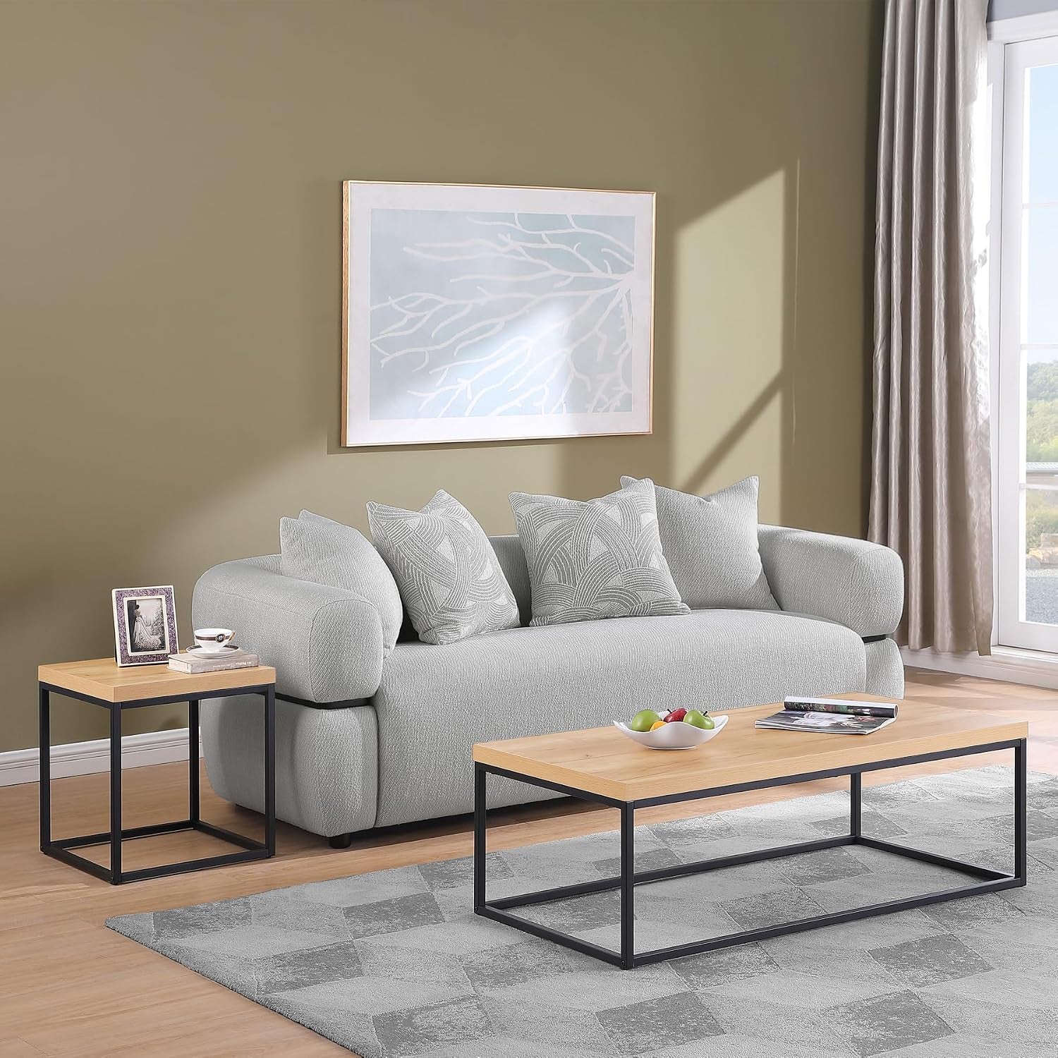 Natural Oak Coffee Table & End Table Set, 3-Piece Living Room Bundle – 47" Rectangle Center Table + 18" Square Side Table, Modern Industrial Wood & Metal Design (White Oak Finish)