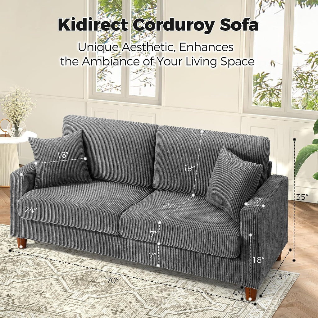 70In Corduroy Couch, Small Loveseat Sofa, Grey Corduroy Couch | No Tool Assembly, Comfy Couches for Living Room, Small Loveseat Sofa, 21In Deeper Seat, Sofas for Living Room & 2 Pillows