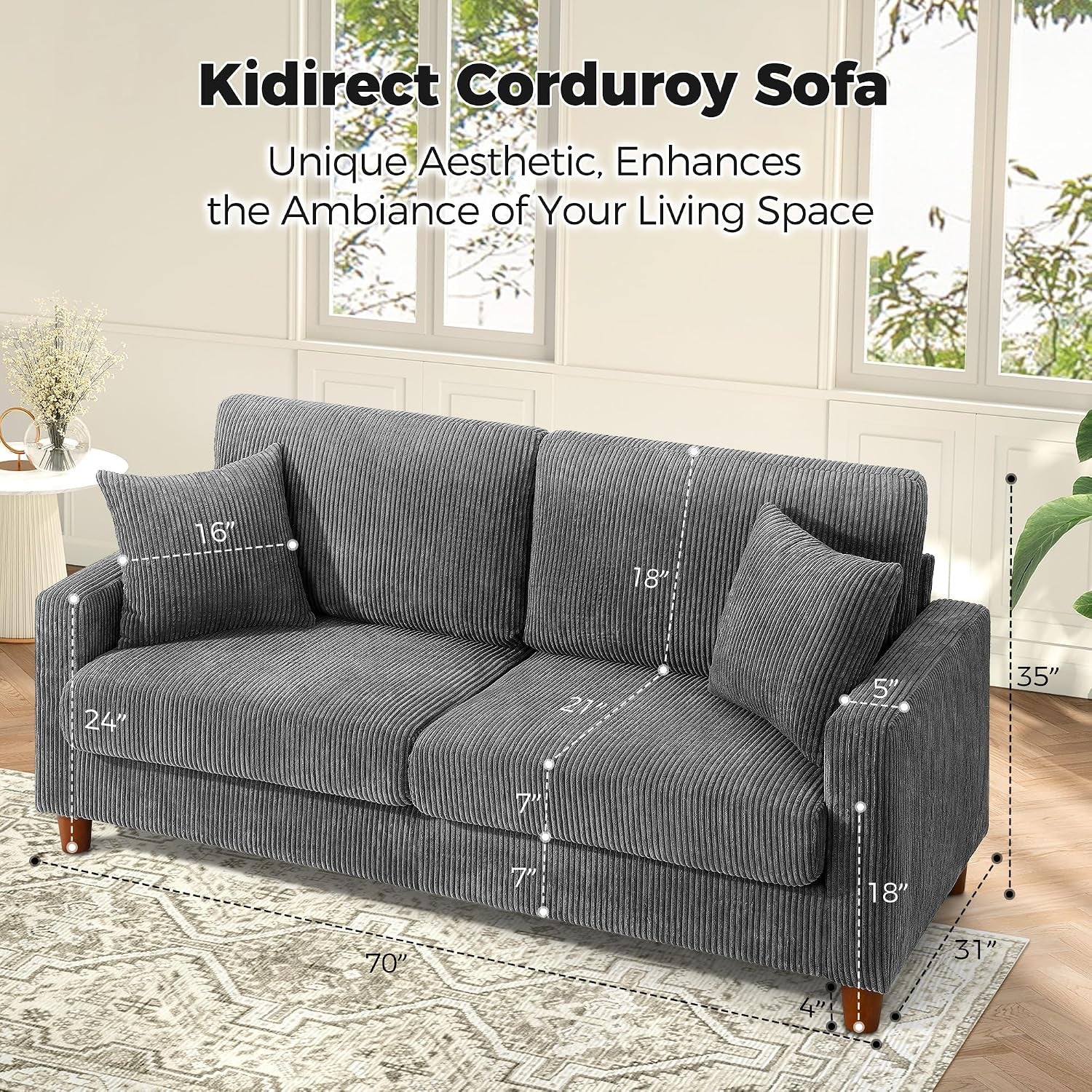 70In Corduroy Couch, Small Loveseat Sofa, Grey Corduroy Couch | No Tool Assembly, Comfy Couches for Living Room, Small Loveseat Sofa, 21In Deeper Seat, Sofas for Living Room & 2 Pillows