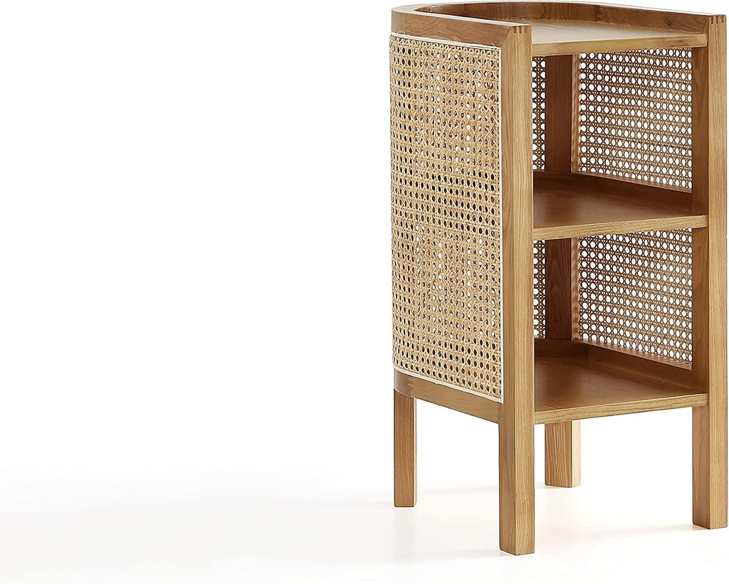 Versailles Rattan Bedside End Table Accent Sofa Side Table for Living Room, Bedroom, Study and Home Office with 2 Shelf Storage, Natural Cane