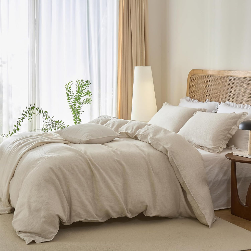 100% French Linen Queen Duvet Cover Set, Organic Linen | Organic French Linen 3PC Duvet Cover Set,Cooling for Hot Sleepers,Moisture Wicking Durable,Ruffle Pillow Shams,Natural Linen