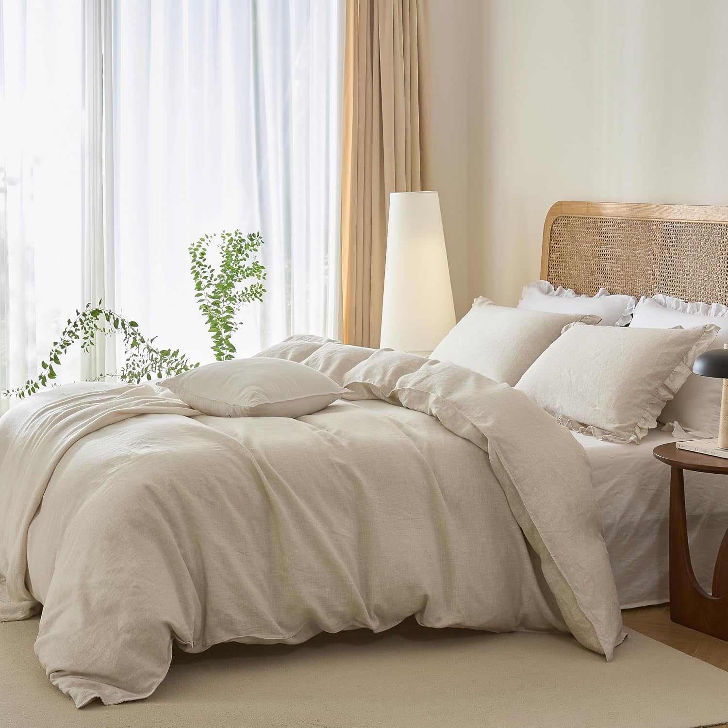 100% French Linen Queen Duvet Cover Set, Organic Linen | Organic French Linen 3PC Duvet Cover Set,Cooling for Hot Sleepers,Moisture Wicking Durable,Ruffle Pillow Shams,Natural Linen