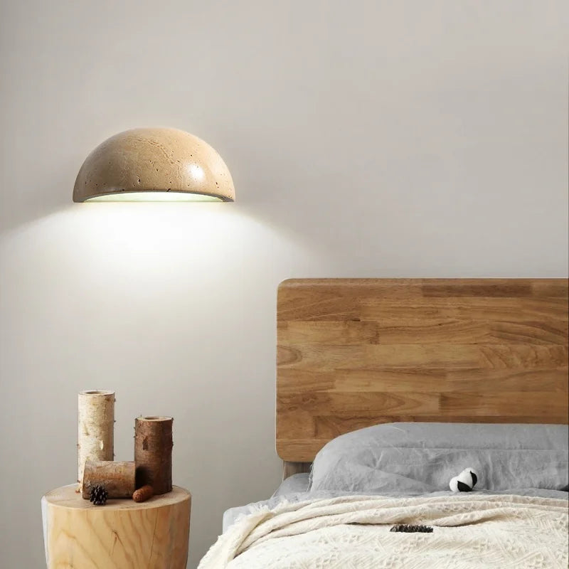 Retro Semi Circular Natural Stone Art Wall Lamp Yellow Travertine LED Sconce Bedroom Bedside Decoration Corridor Light Fixtures