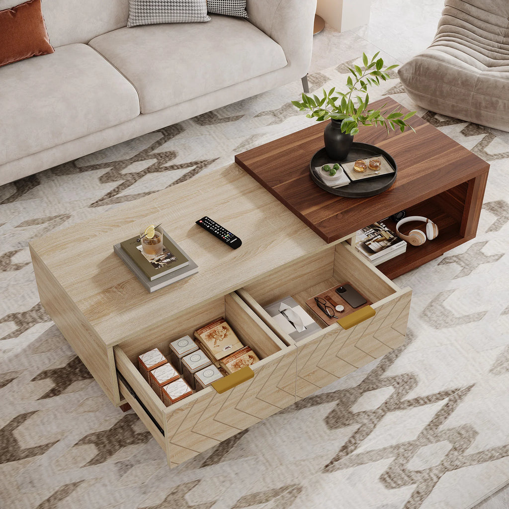 Extendable wood coffee table with storage drawers