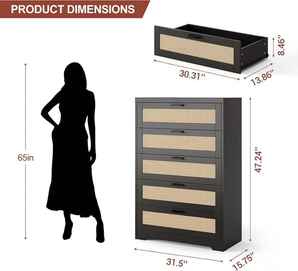 Rattan 5 Drawer Dresser, Wood Tall Chest of Drawers, Black | Rattan Dresser for Bedroom with Power Outlets, 5-Drawer Wood Tall Chest of Drawers