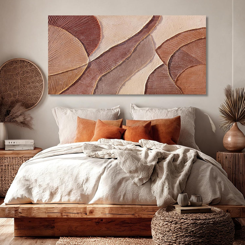 Brown Beige Abstract Wall Art, Hand Painted Oil Painting for Office, Large Textured Horizontal Wall Decor for Living Room Bedroom, 24X48 Inch