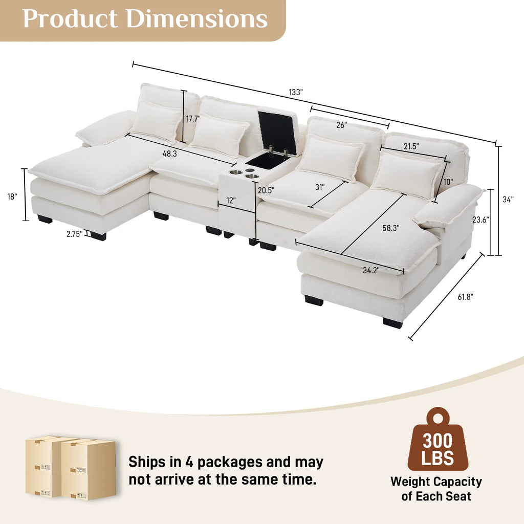 133" U Shaped Cloud Couch Modular Sectional Couches for Living Room Fluffy Chenille Deep Seat Sofa Set with Double Chaise Lounge, Storage Central Console, Cup Holders, USB Port, Beige White