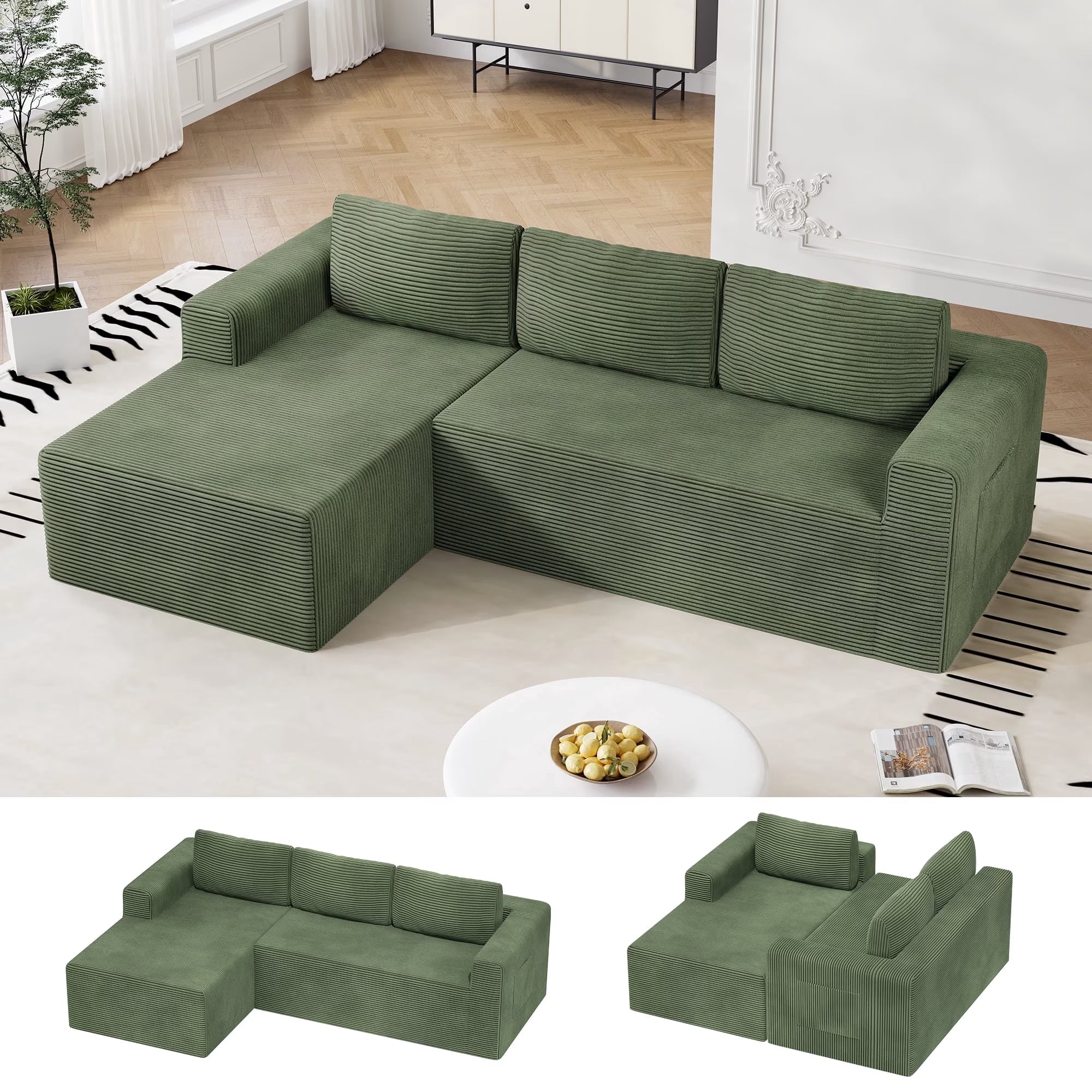 Modular Sectional Sofa Couches L-Shape Couch 3 Seat Modular Sofa Memory Foam Sectional Couches for Living Room, Cloud Couch with Oversized Chaise (Green Stripe, 94.5" Left Facing Chaise)