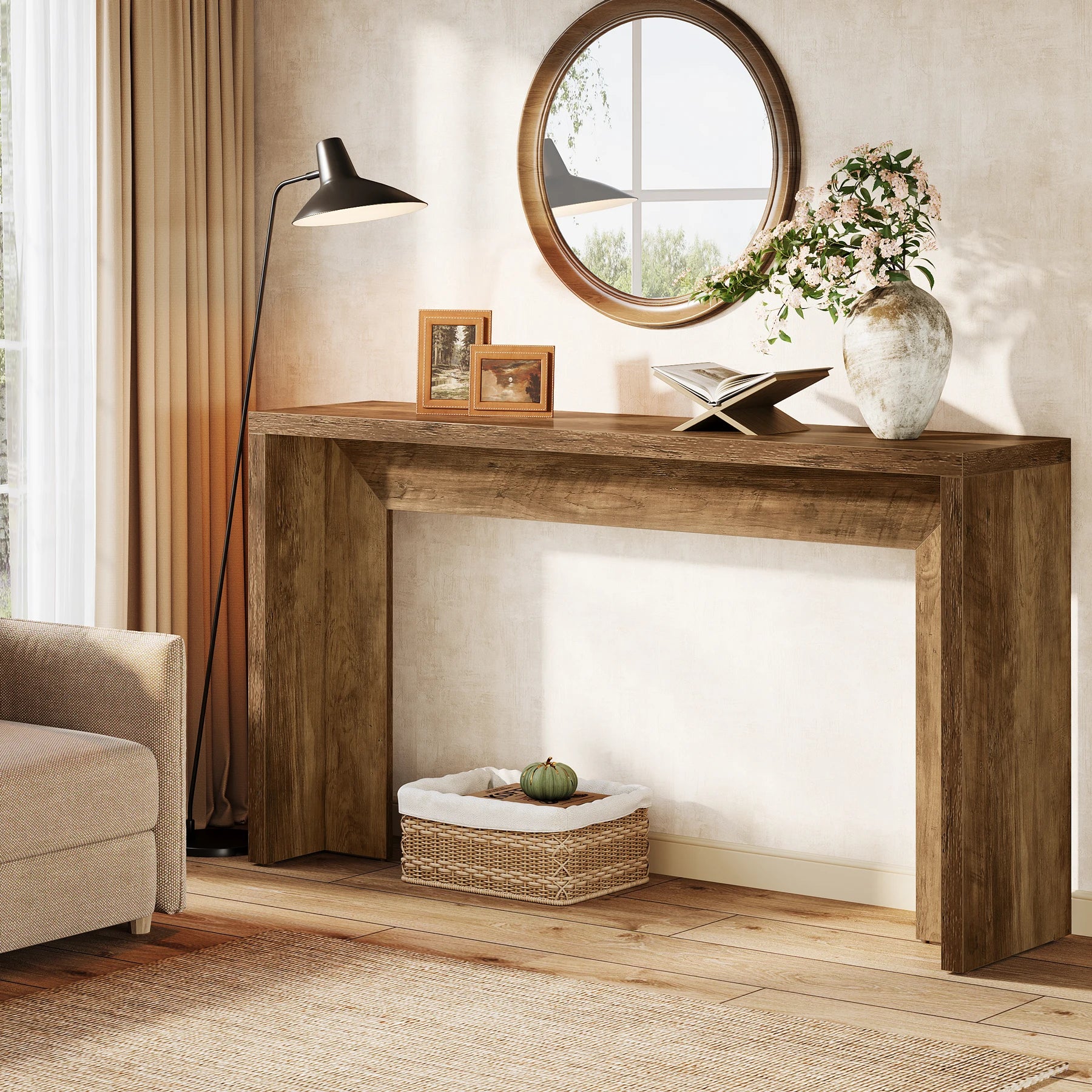 Farmhouse Console Table, 55-Inch Wooden Sofa Table with Storage for Entryway, Foyer, Hallway, Living Room, Brown