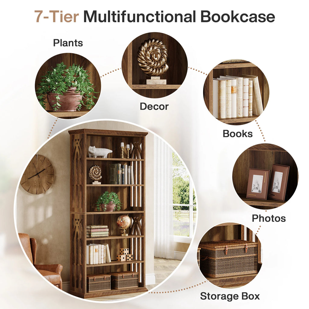 6-Tier Bookshelf, 75-Inch Tall Bookcase, Large Bookshelves and Bookcases Freestanding Display Shelves, Wood Bookshelf