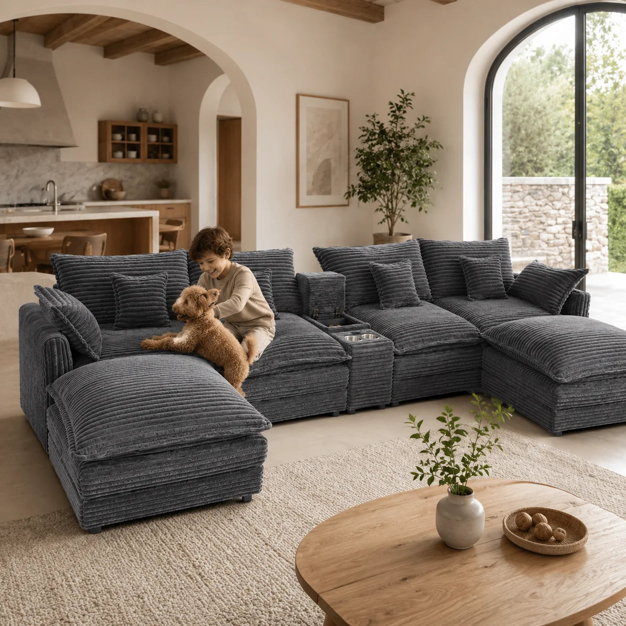 141" 7-Piece U-Shaped Sofa Set, Modular Sectional with Console, Coffee Table & 6 Pillows, for Large Living Room or Office