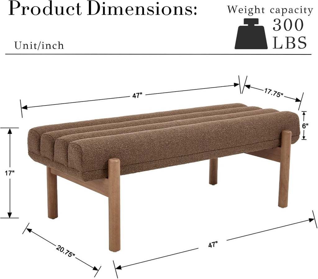 47" Upholstered Entryway Bedroom Bench End of Bed, Modern Brown Chenille Tufted Bedroom Indoor Bench with Wood Natural Finish, Entry Ottoman Bench for Hallway Window Dining Living Room