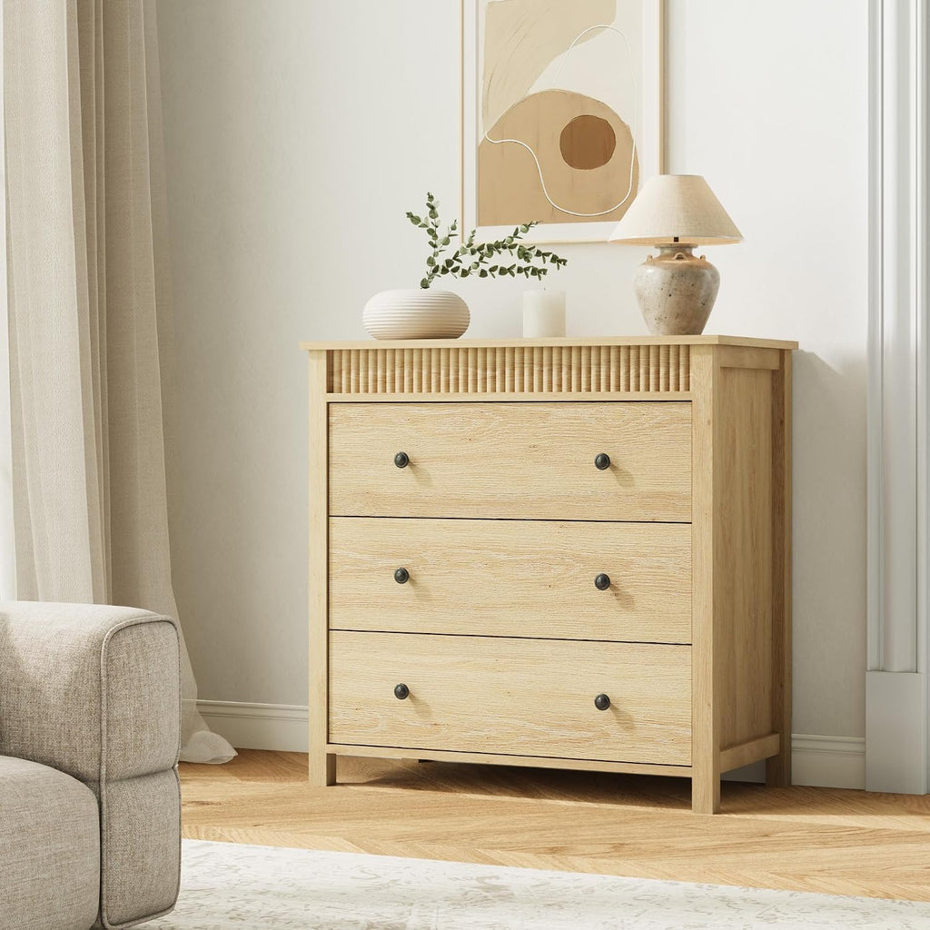 31.5" Fluted Nightstand with 3 Drawers, Modern Wooden Bedside Table with Storage, Oak Night Stand for Bedroom, Large End Table with Spacious Top