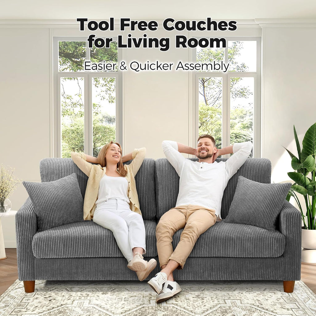 70In Corduroy Couch, Small Loveseat Sofa, Grey Corduroy Couch | No Tool Assembly, Comfy Couches for Living Room, Small Loveseat Sofa, 21In Deeper Seat, Sofas for Living Room & 2 Pillows