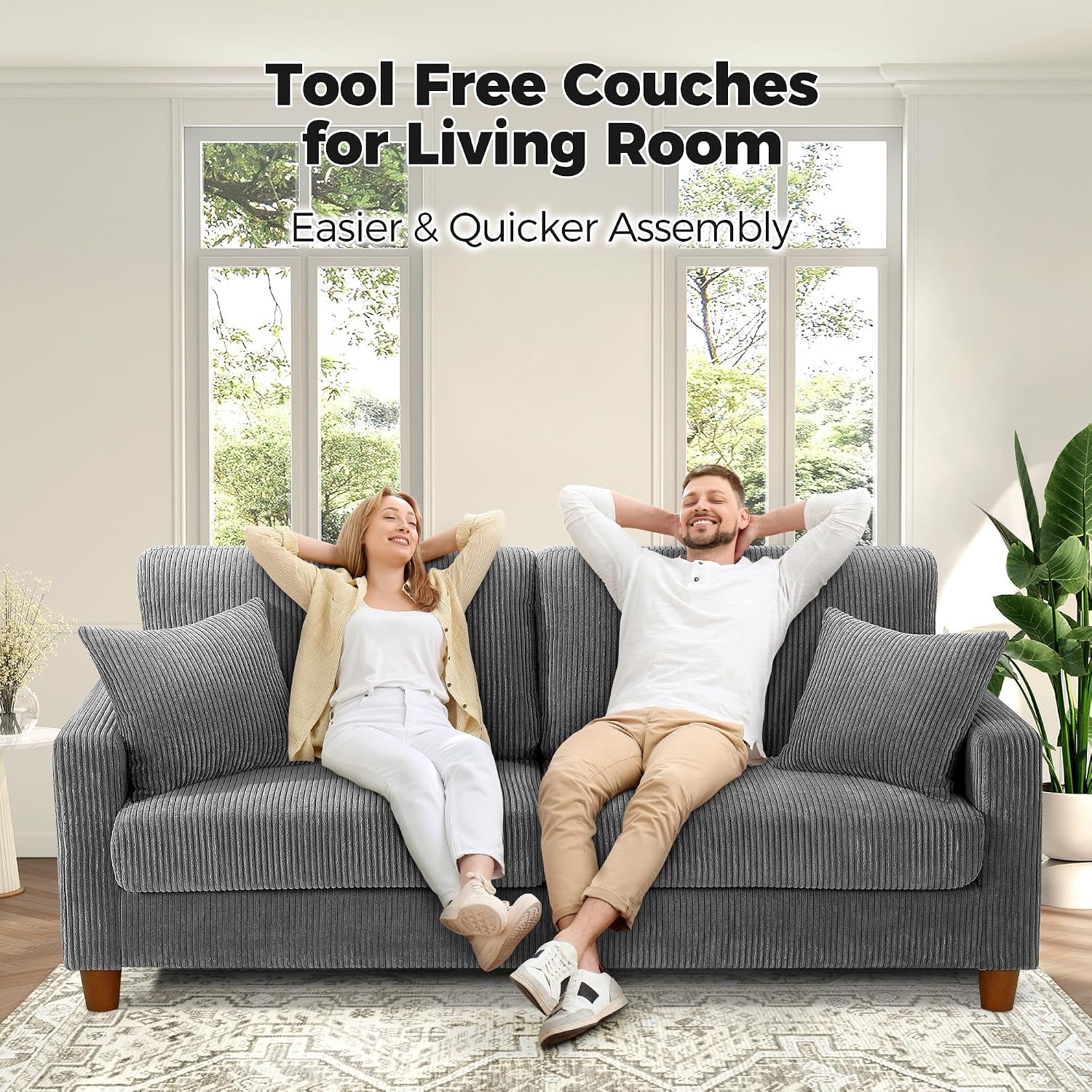 70In Corduroy Couch, Small Loveseat Sofa, Grey Corduroy Couch | No Tool Assembly, Comfy Couches for Living Room, Small Loveseat Sofa, 21In Deeper Seat, Sofas for Living Room & 2 Pillows
