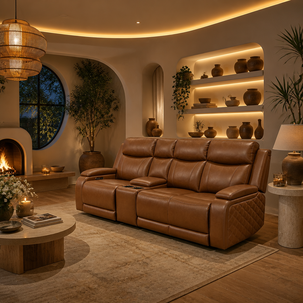 Top Grain Leather Brown Recliner Sofa lifestyle image 2