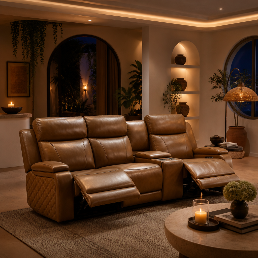 Top Grain Leather Brown Recliner Sofa lifestyle image 3