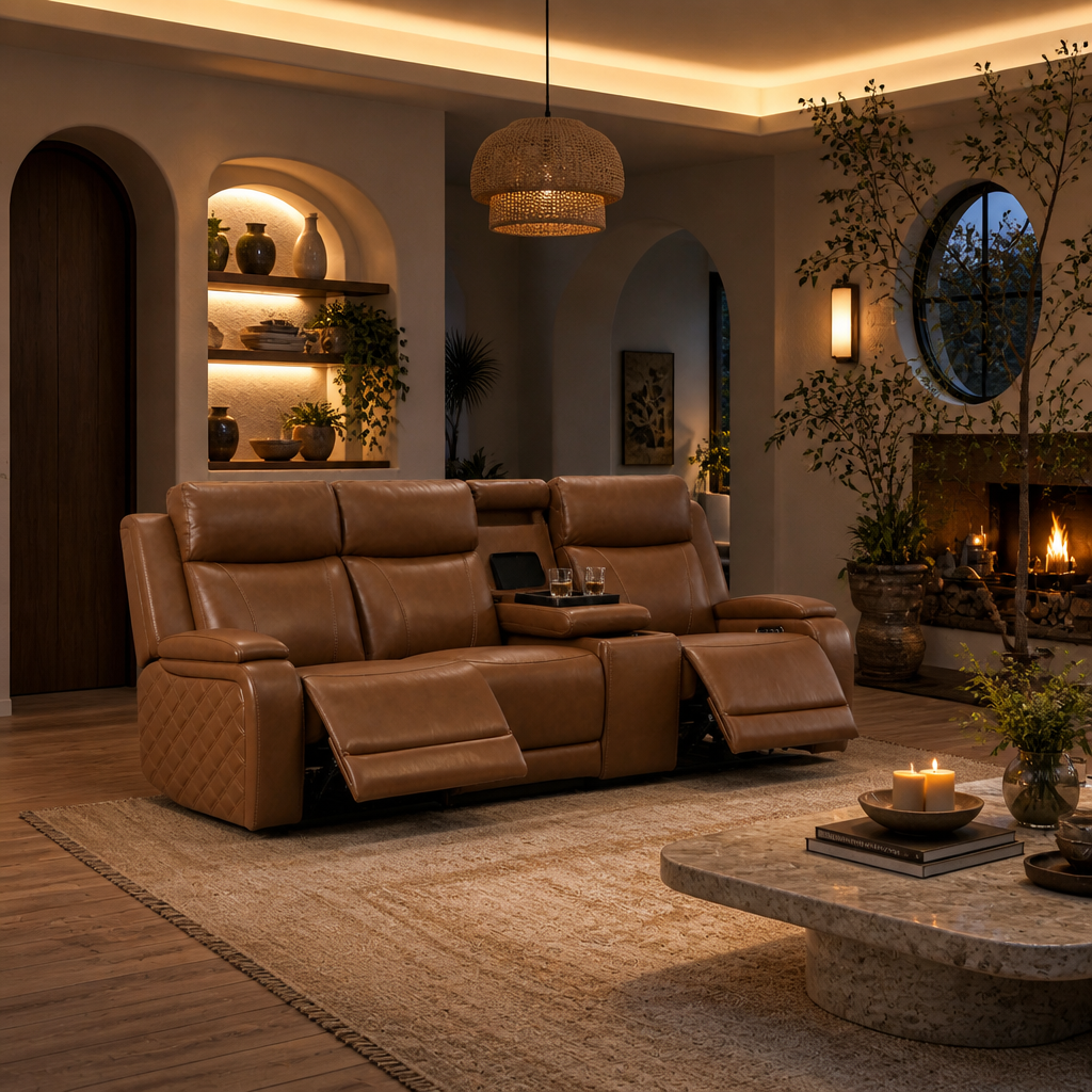 Top Grain Leather Brown Recliner Sofa lifestyle image 6