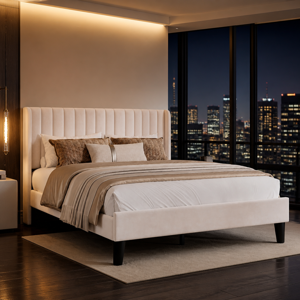 Velvet Beige Bed Frame — Oak & Hour lifestyle image 1