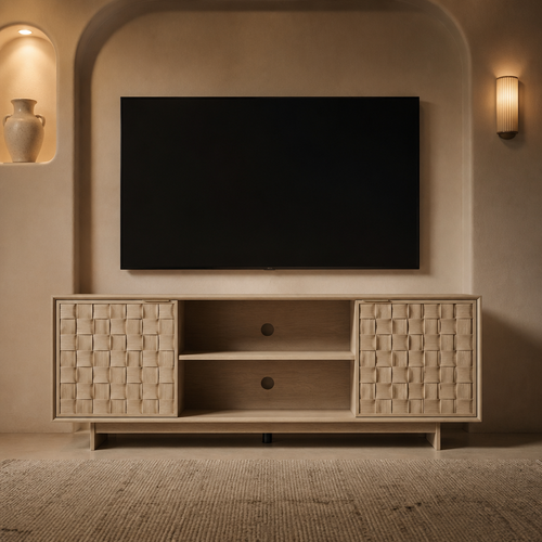 Sunwashed Scandinavian Wood TV Stand lifestyle view 1