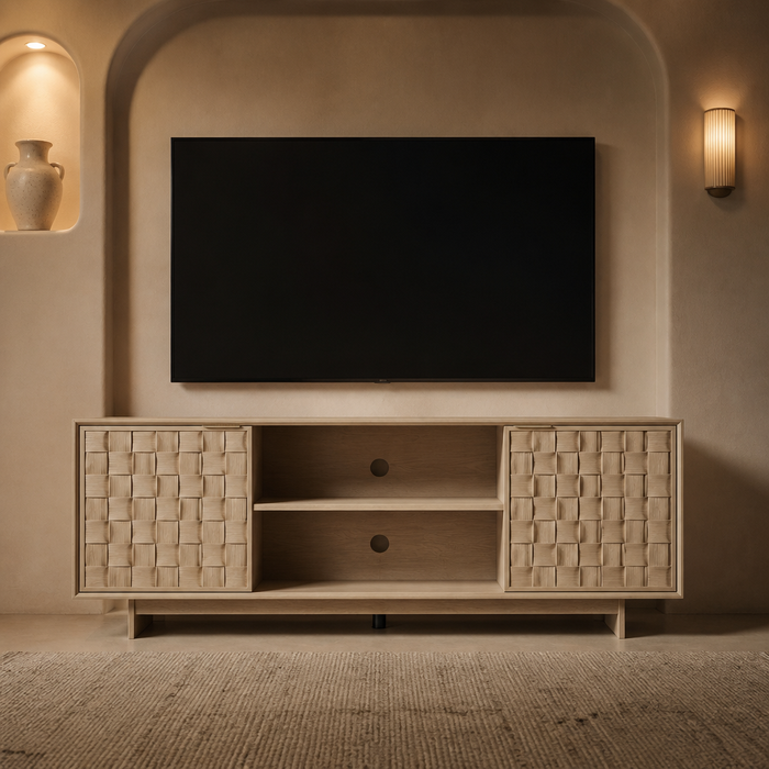 Sunwashed Scandinavian Wood TV Stand lifestyle view 1