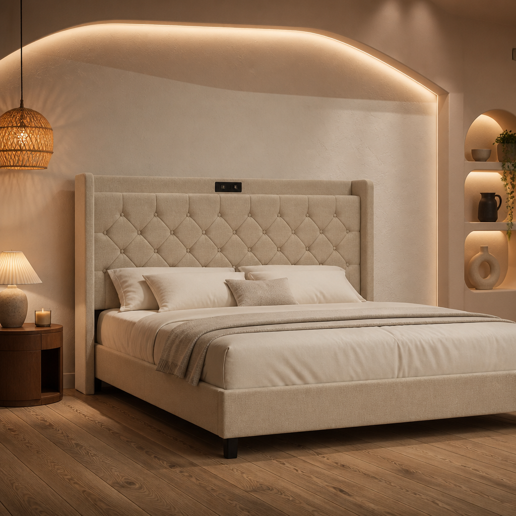 Velvet Beige Bed Frame II — Oak & Hour lifestyle image 1