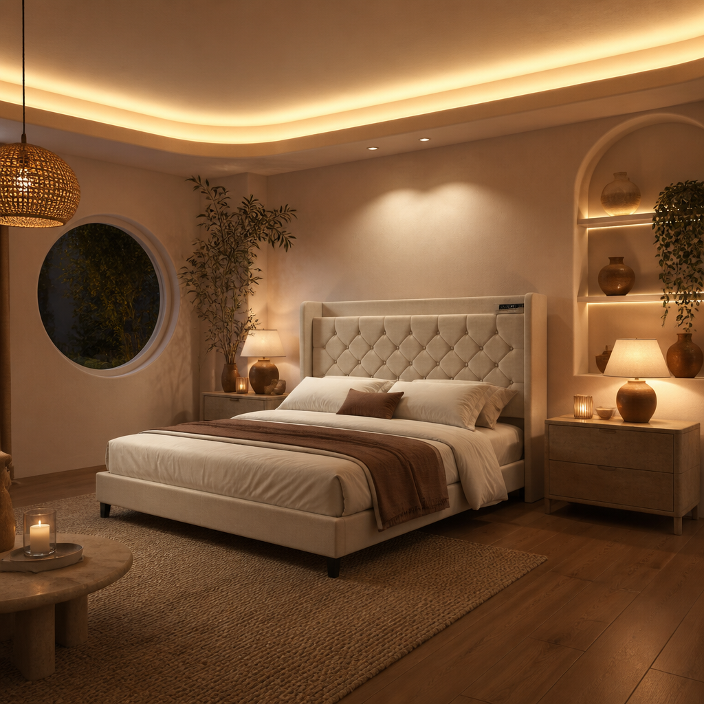 Velvet Beige Bed Frame II — Oak & Hour lifestyle image 3