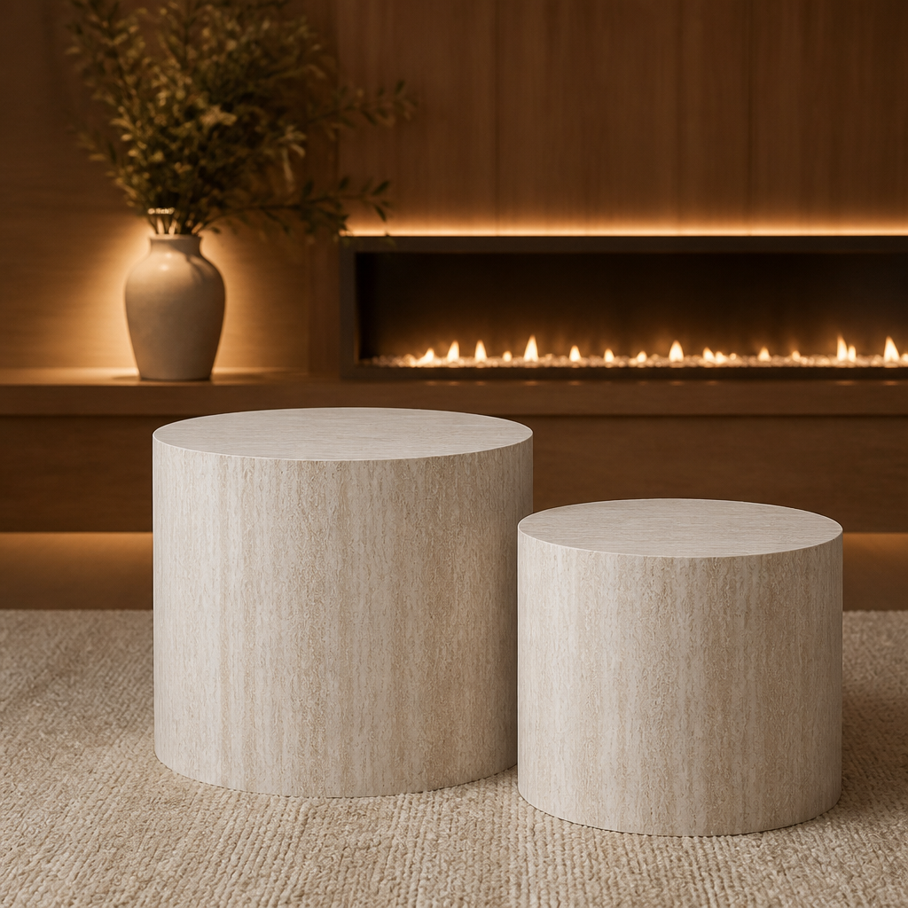Travertine Mid-Century Marble Coffee Table lifestyle view 1