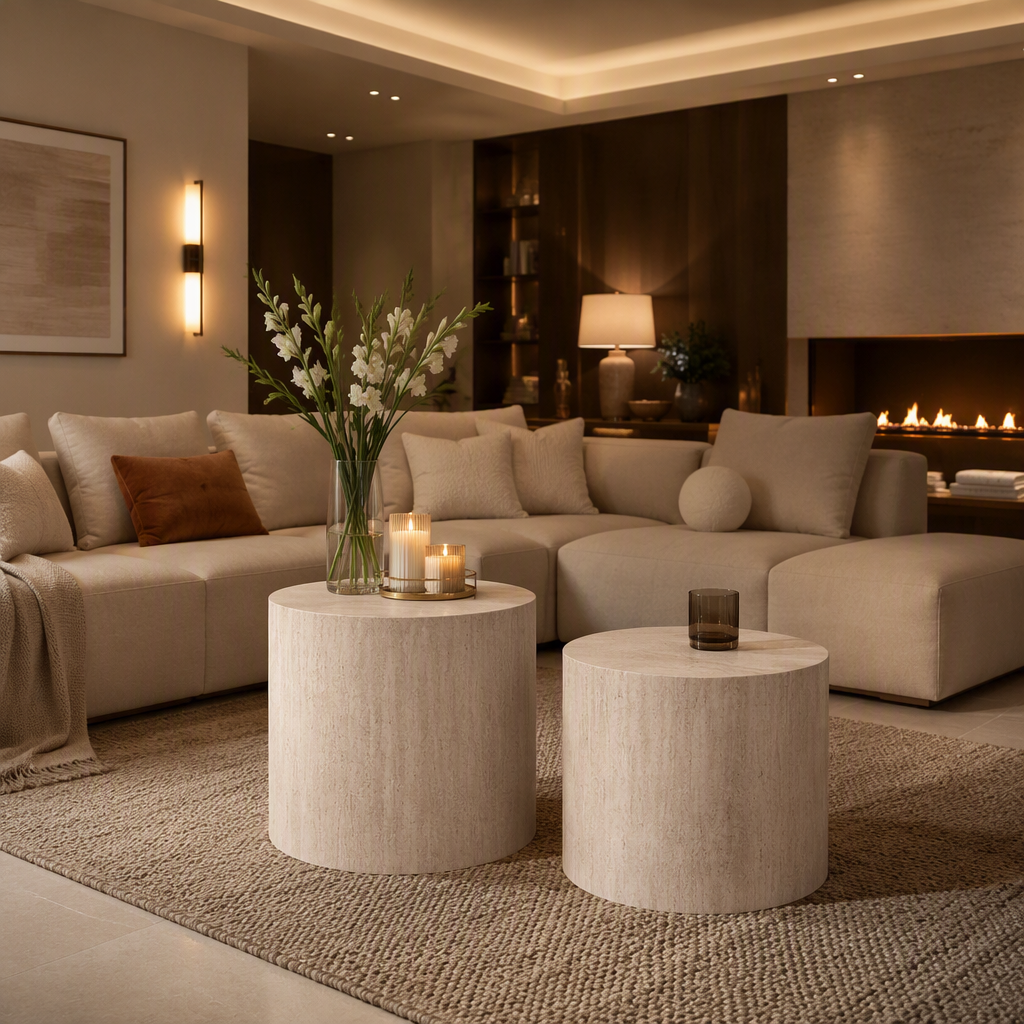 Travertine Mid-Century Marble Coffee Table lifestyle view 2