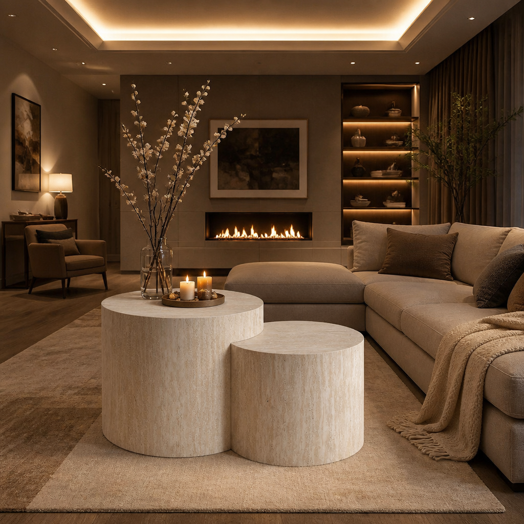 Travertine Mid-Century Marble Coffee Table lifestyle view 3
